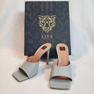 LITA by CIARA Solid Square Toe Leather Slide Heel in Silver Size 39 EU / 8.5 US